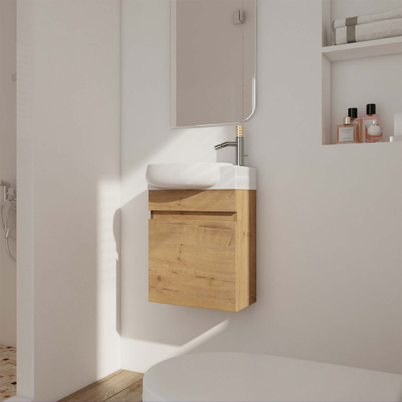 Meuble-lavabo simple avec plateau en céramique Zayvon, Imitation chêne