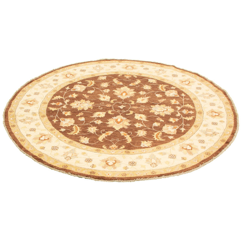 Tapis en laine ronde 7 pi 7 po "one-of-kind" -noué la 2010 ushak foncé/beige 6" Joannes
