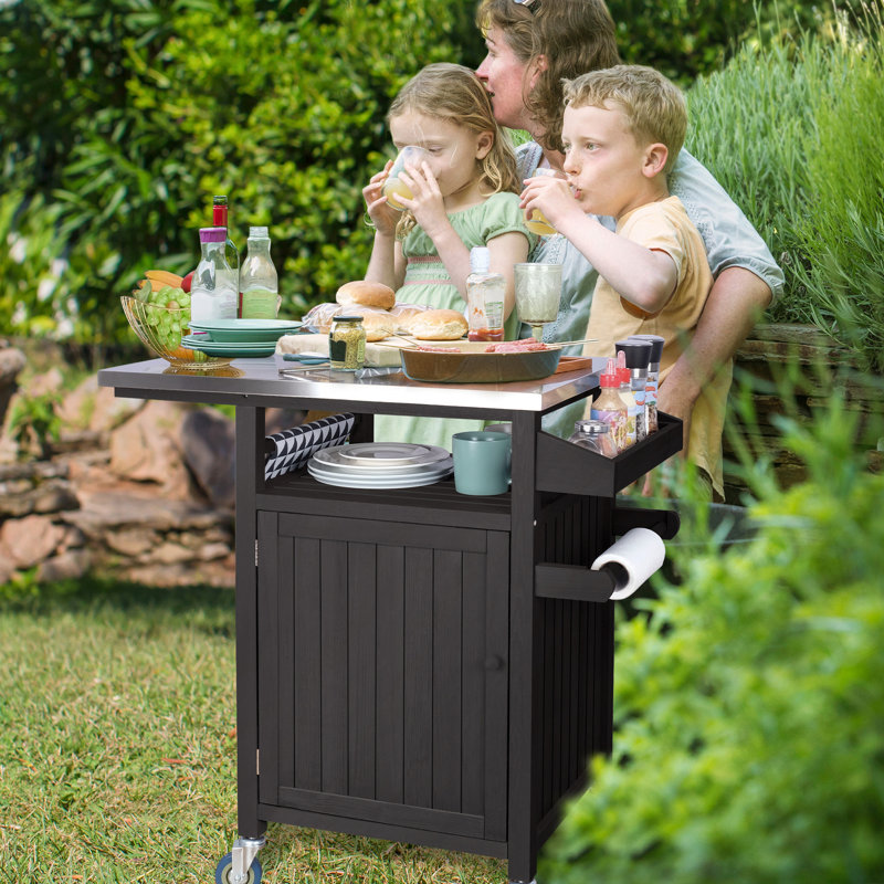 Table de préparation d'extérieur pour comptoir de bar avec comptoir en acier inoxydable, table de bar en bois massif avec roulettes et tablette latérale COOLBEBE
