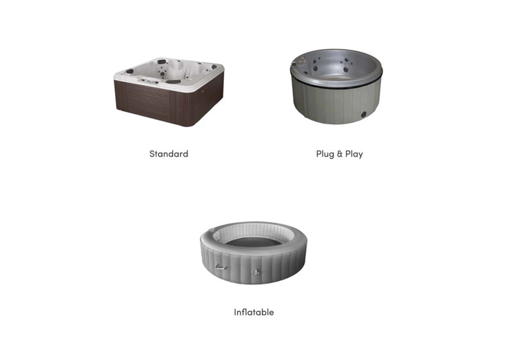 Hot tub collage featuring standard, plug and play, and inflatable models.