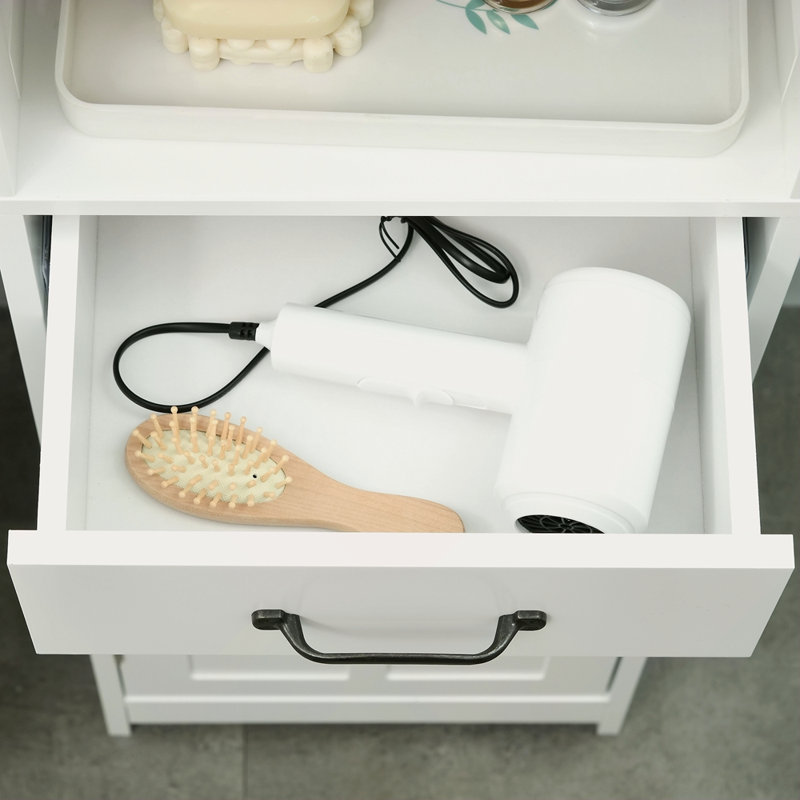 Armoire de rangement mince, armoire de salle de bain haute, tour à linge avec 3 tablettes ouvertes, tiroir, porte encastrée et tablette réglable