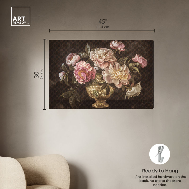 Art mural classique, vase rétro et fleurs classiques par Art Remedy, Toile tendue, H 30 po x l 45 po