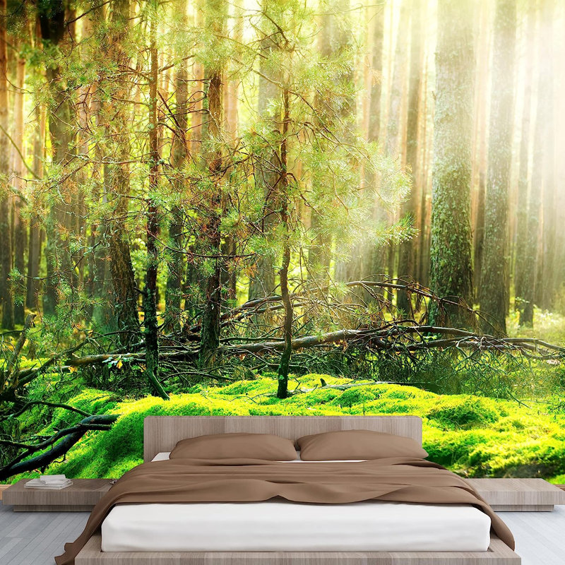 Adhésif mural soleil à travers la forêt profonde, L 144 po x l 100 po