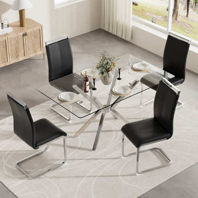 Ensemble de table de salle à manger moderne en verre 47 po et 4 chaises en tissu à haut dossier, pieds en métal argent / noir / or pour la salle à manger de cuisine