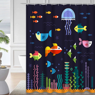 Waterproof Sea Jellyfish Underwater Treasure Shower Curtain with 12 Hooks