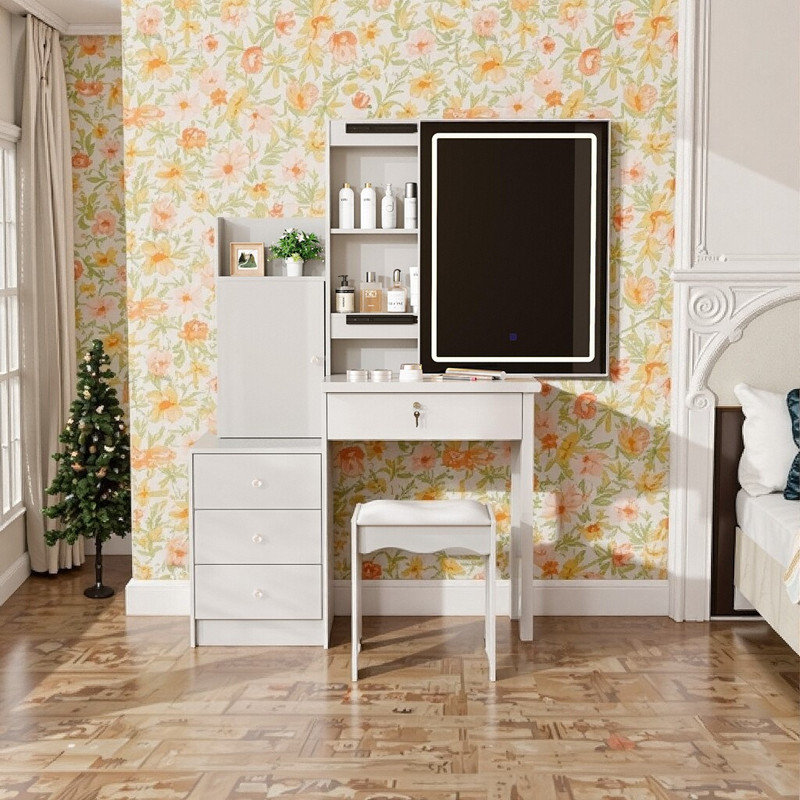 Ensemble de coiffeuse avec miroir à DEL et 4 tiroirs avec espaces de rangement et tabouret rembourré