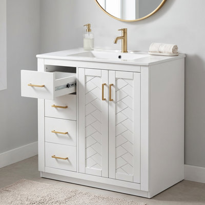 Meuble-lavabo autoportant en bois massif de 30 po avec lavabo en céramique et 3 tiroirs pour portes de salle de bain ou de salle d'eau