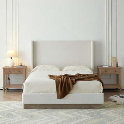 Hosford Upholstered Wingback Bed / Upholstered Bed / 53.1" High Headboard / Minimalist / Rusticity / No Box Spring Needed / Cream White Boucle / No Noise