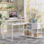 Bureau en L de 55 pouces, bureau d'écriture blanc et blanc avec rehausse de moniteur, tiroirs et tablettes de rangement en forme de L-1715570149