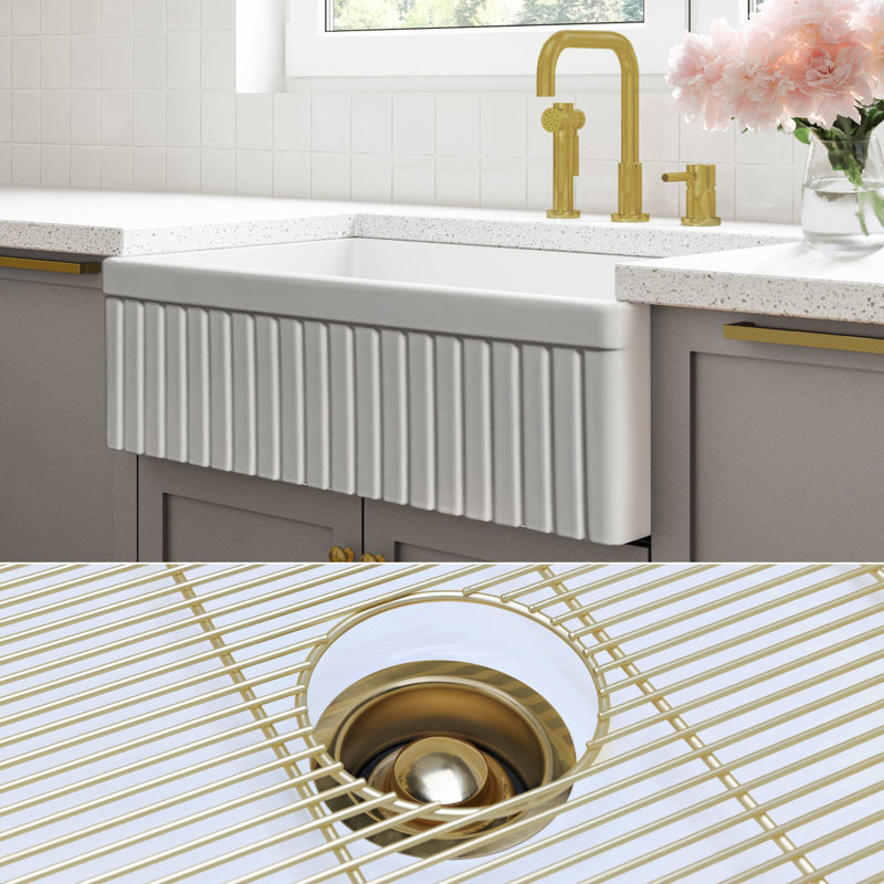 Luxury Solid Fireclay Farmhouse Sink, Brushed Brass Accessories
