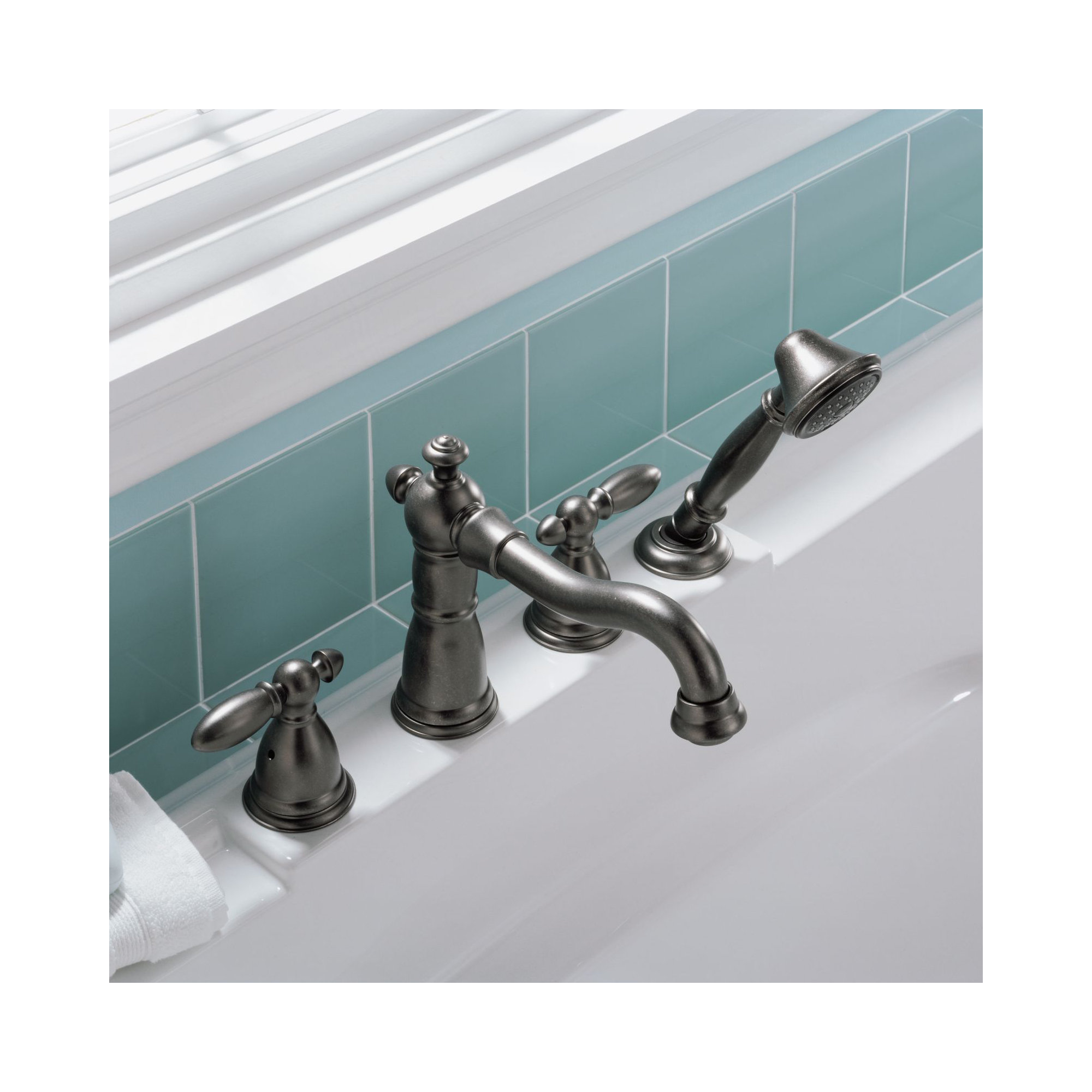 Victorian Deck Mounted Roman Tub Faucet Trim with Handshower, Aged Pewter