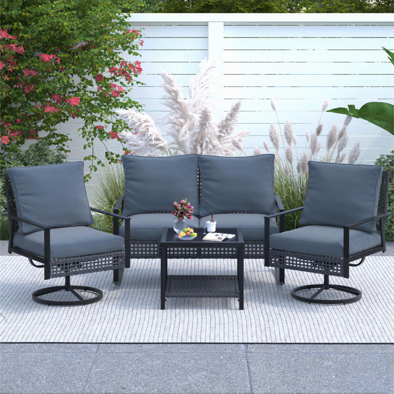 4 Piece Outdoor Furniture Swivel Chair Sets With Cushions, Gray