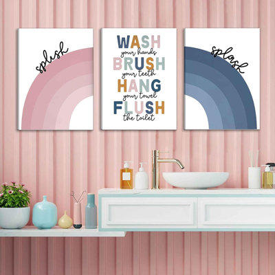 3 Pcs Kids Shared Bathroom Canvas Wall Art Colorful Cute Funny Toddler Toilet Rule Wash Hands Brush Teeth Children Rainbow Picture Wall Decor Poster Print Artwork For Girls Boys Restroom