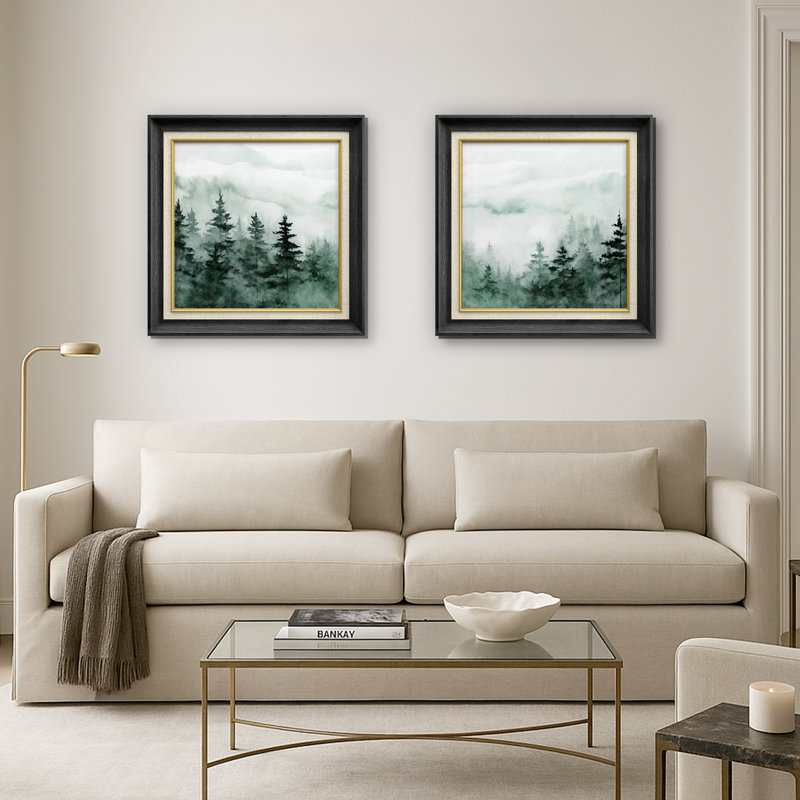 «Green Watercolor Pine Trees», ensemble de 2 brumes encadrées sur toile, H 26 po x l 26 po, Black Gallery Frame