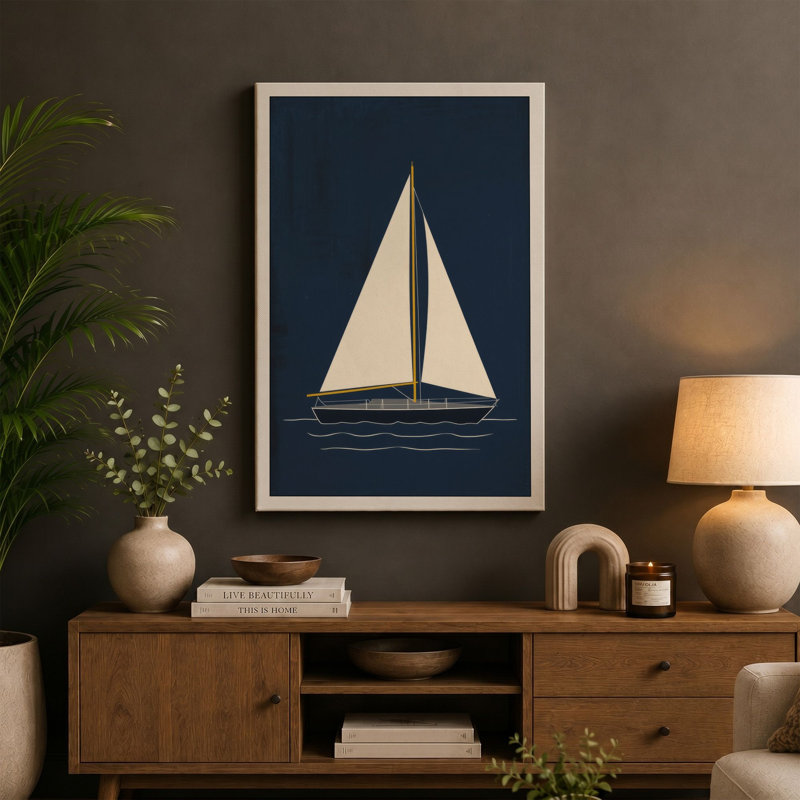 Sailing into Calm Coastal - Wrapped Canvas, 18x12 - 45.7 x 30.5 cm, Taupe Border