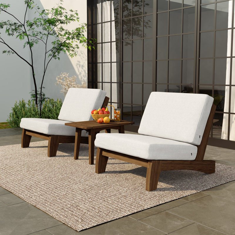 Polett All-Weather 2-Person Solid Teak Patio Set, Complete Outdoor Seating Group with Armless Chairs, Cushions & Side Table