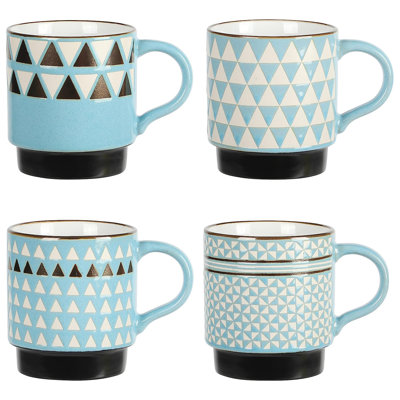 4 Piece 14 Ounce Stackable Assorted Wax Relief Triangle Design Mug Set