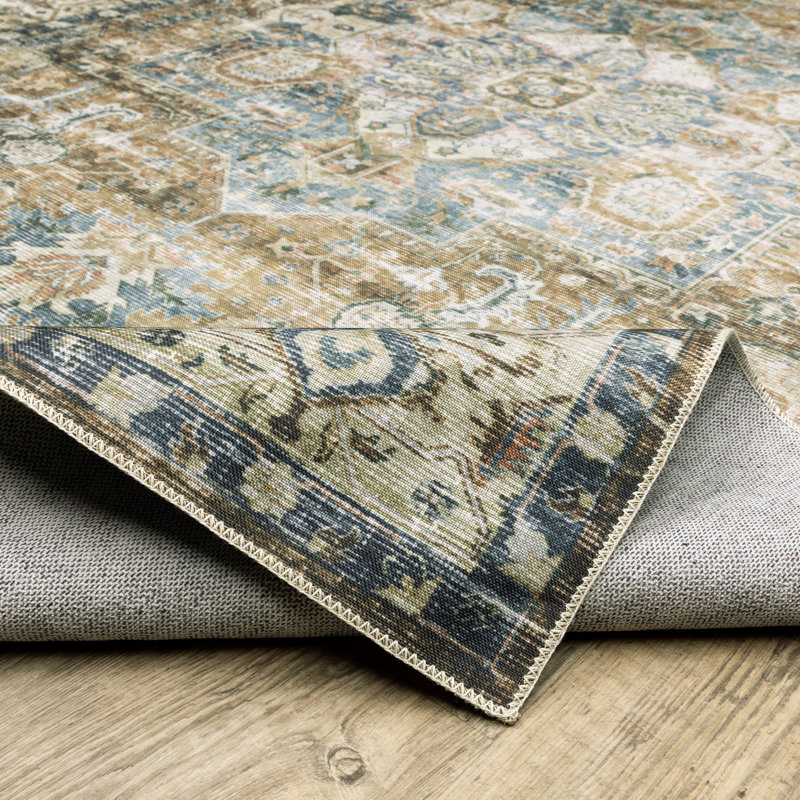 DiBernardo Machine Washable Performance Non-Skid Blue/Green/Gold Rug Mat, Rectangle 3'6" x 5'6"
