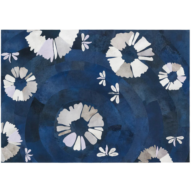 Shibori Cowhide Floral Area Rug in Blue/White/Gray, Rectangle 9' x 12'