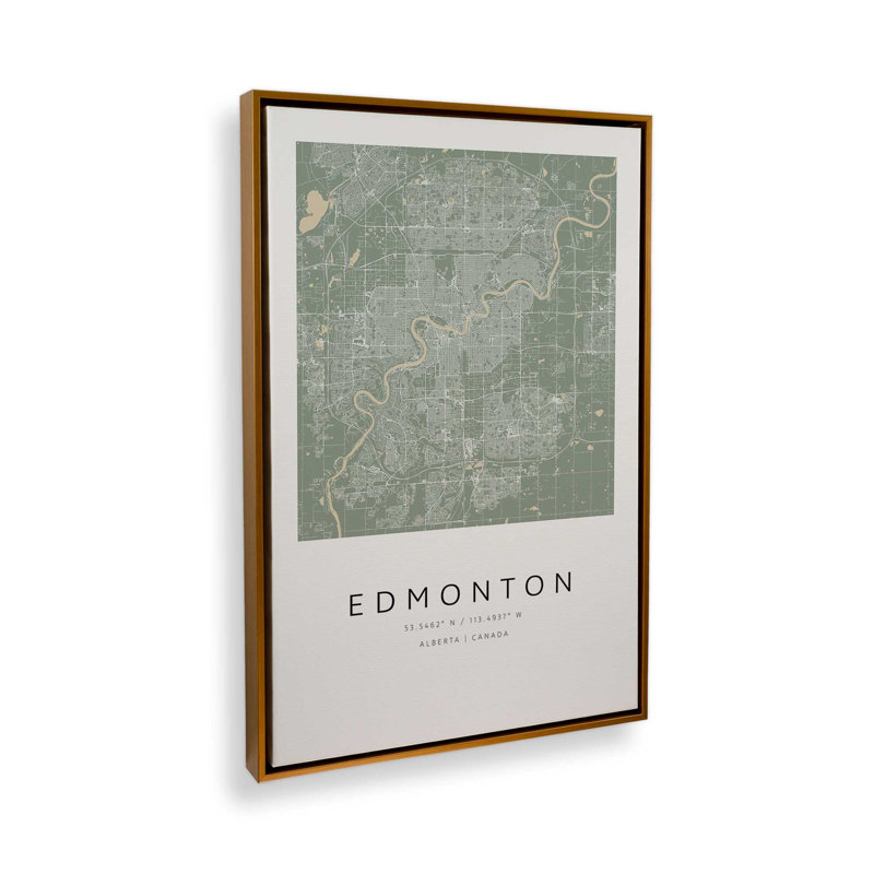Edmonton Street Map, reproduction d'art sur toile, 32 po x 48 po, Cadre flottant doré poli