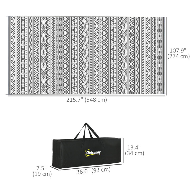 Ranck Outsunny Reversible Outdoor Rug, 8' x 10' Waterproof Plastic Straw Floor Mat, Portable RV Camping Carpet, Large Floor Mat for Backyard, Deck, Picnic, Beach, Gray & Cream White Boho