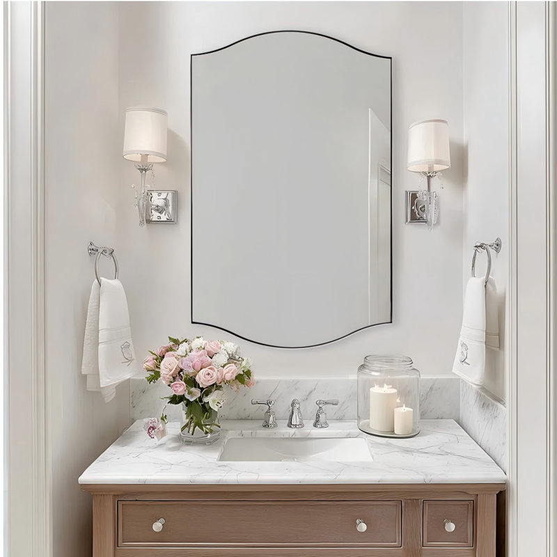 Dual Arch Scalloped Rectangular Bathroom Wall Mirror | Stainless Steel Frame, 36" x 24", Polished Chrome