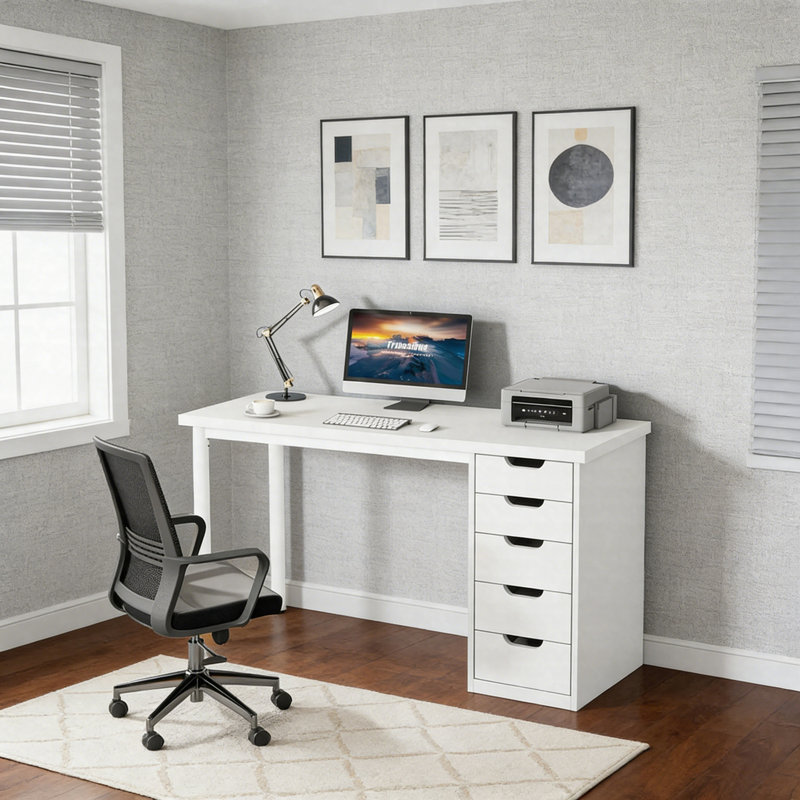 Bureau d'ordinateur 47 po à 5 tiroirs - Bureau d'étude et d'écriture moderne, Blanc