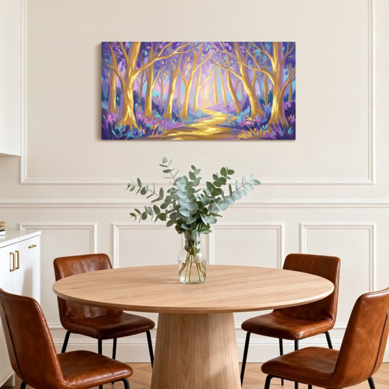 Chemin doré abstrait à travers les arbres de la forêt mauve, H 16 po x l 32 po
