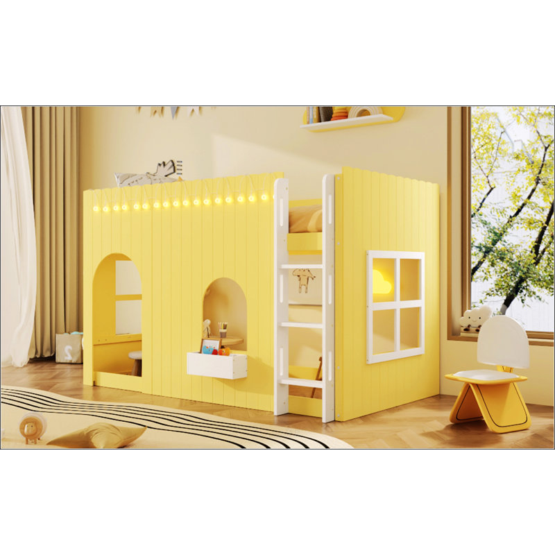 Lit mezzanine simple pour enfants avec guirlande lumineuse à DEL, conception de maison de campagne confortable et élégante pour les chambres d'enfants
