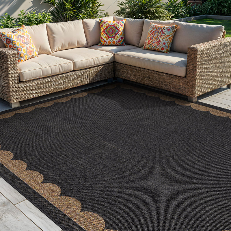 Tapis tissé à plat en jute gris foncé / naturel à bordure festonnée, Gris foncé, Rectangle 5 pi x 7 pi