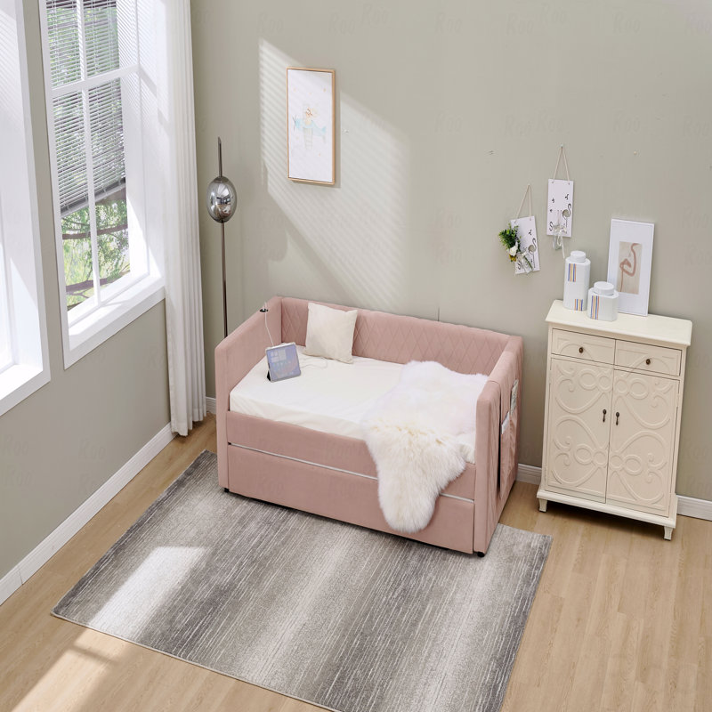 Velvet Daybed, Pink, Sturdy Wooden Bed Frame, Modern Diamond Grid Pull-Out Design, Perfect For Bedroom, Living Room Furniture