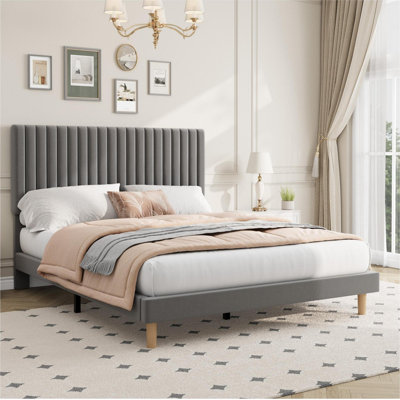Full Size Velvet Upholstered Platform Bed Frame with Adjustable Height Headboard, No Box Spring Needed, Easy Assembly - Grey