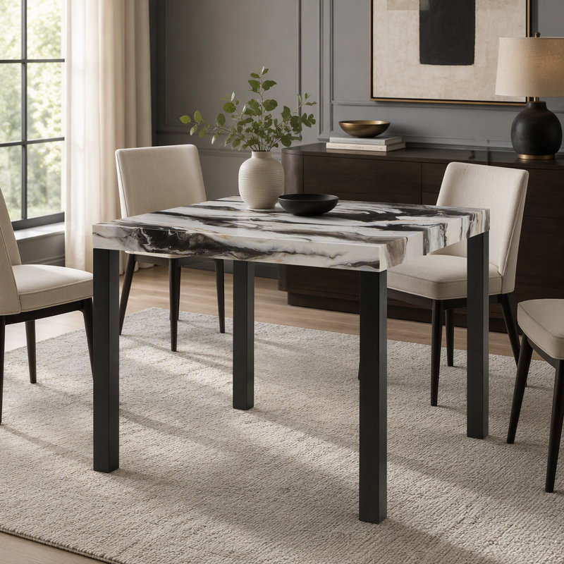 Table de salle à manger carrée haute (1 pièce) avec plateau en faux marbre élégant, pieds noirs épurés et contraste audacieux. Mobilier de salle à manger en bois, de style contemporain et moderne, blanc et marron.