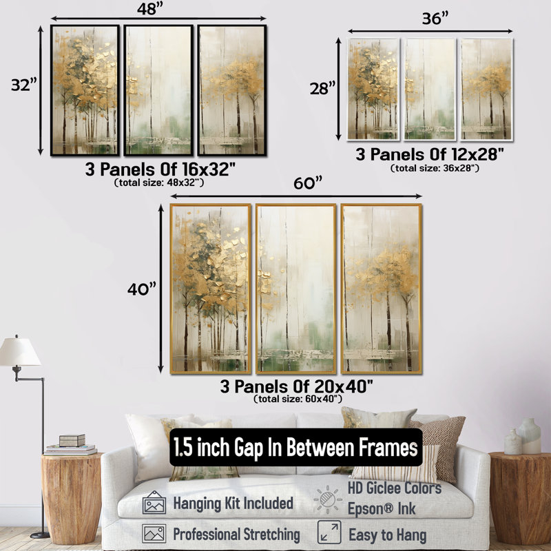 «Minimalisme beige et or forêt II», ensemble de reproduction d'art mural forêt, H 28 po x l 36 po x P 1 po