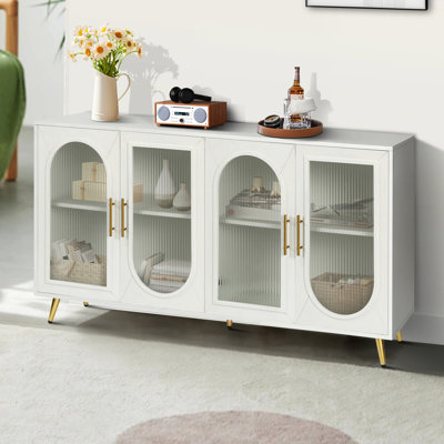 Console de chambre à coucher avec porte à effets et armoire blanc laiteux (support blanc pour grands téléviseurs, tablettes de rangement réglables, décoration
