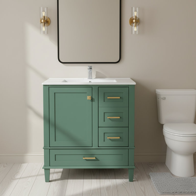 Meuble-lavabo moderne vert 30 po Elowynth, plateau en céramique, structure en bois massif