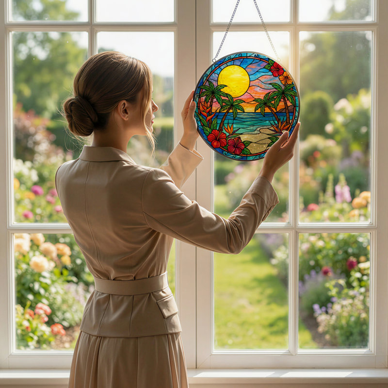 7.8"H Tropical Sunset Stained Glass Window Panel, 7.8" H x 7.8" W