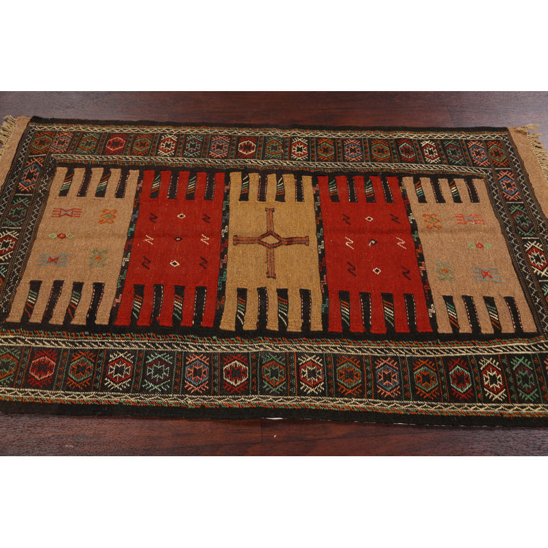 Tapis unique en laine noué à la main rouge et brun nouvel âge 3 pi 4 po x 5 pi 10 po