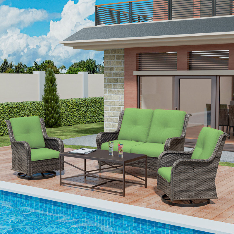 Ensemble de mobilier d'extérieur en osier 4 pièces avec coussin vert en osier 4 pièces, Vert
