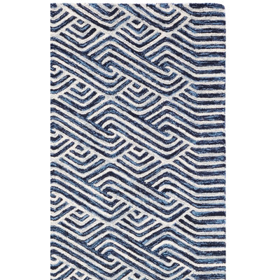 Tapis géométrique en laine / coton touffeté à la main bleu foncé / ivoire Emmett