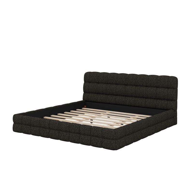 Lit tapissier avec tête de lit, lit plateforme avec pieds de support, base de lit en molleton berbère, Noir