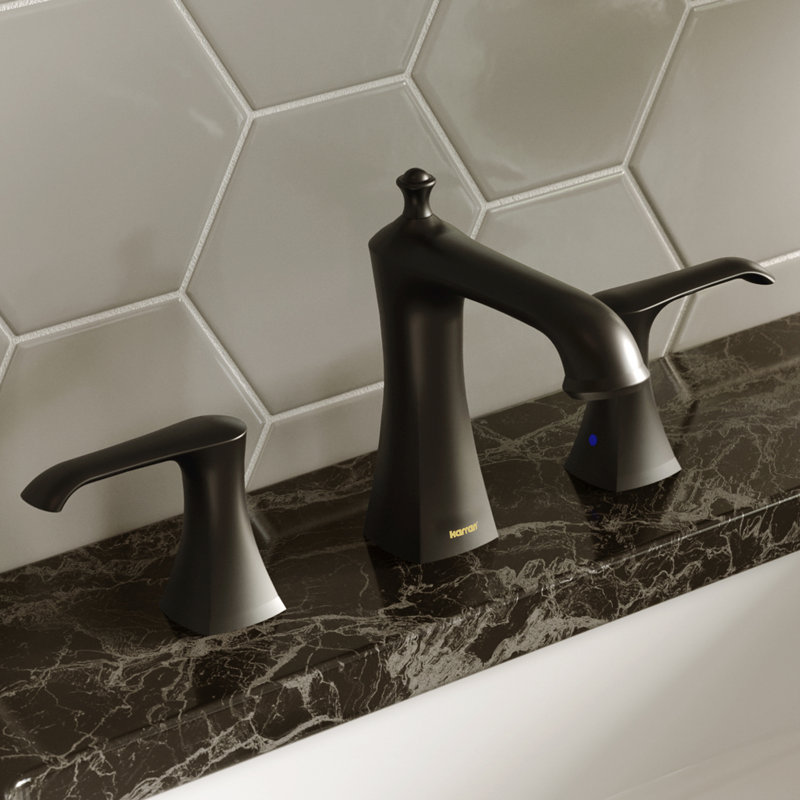 Karran Woodburn 8 In. Widespread 2-Handle Bathroom Faucet With Matching Pop-up Drain, Matte Black