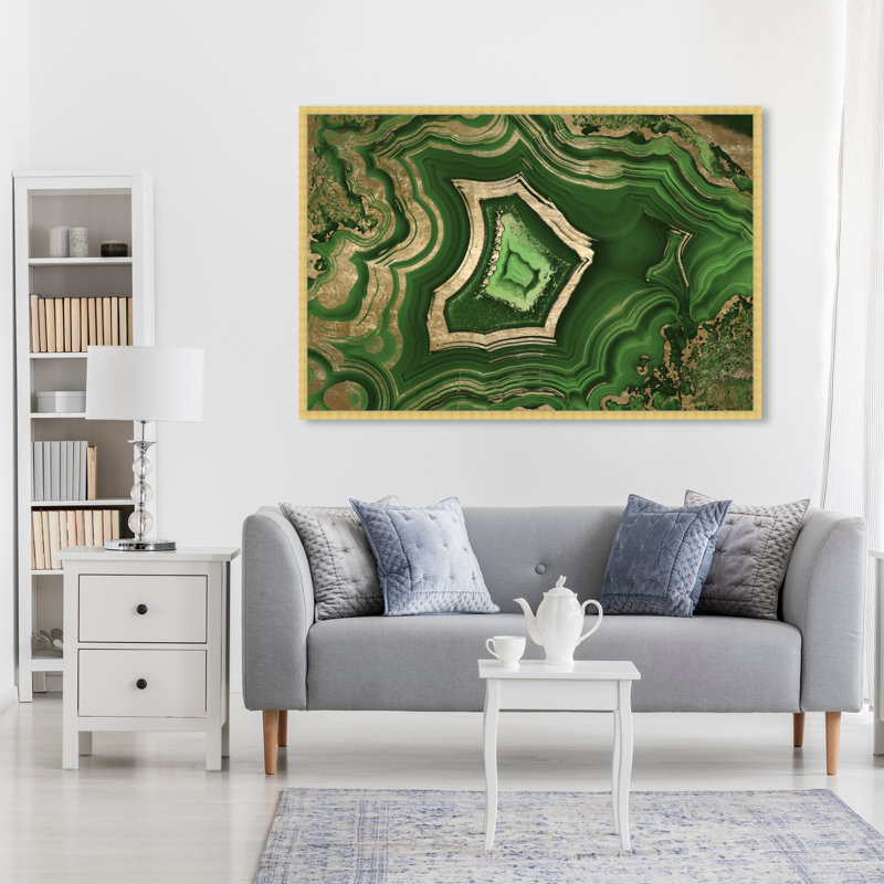 «Green Emerald Abstract Geode Glam», reproduction d'art moderne encadrée pour le bureau, Cadre doré, H 38 po x l 38 po