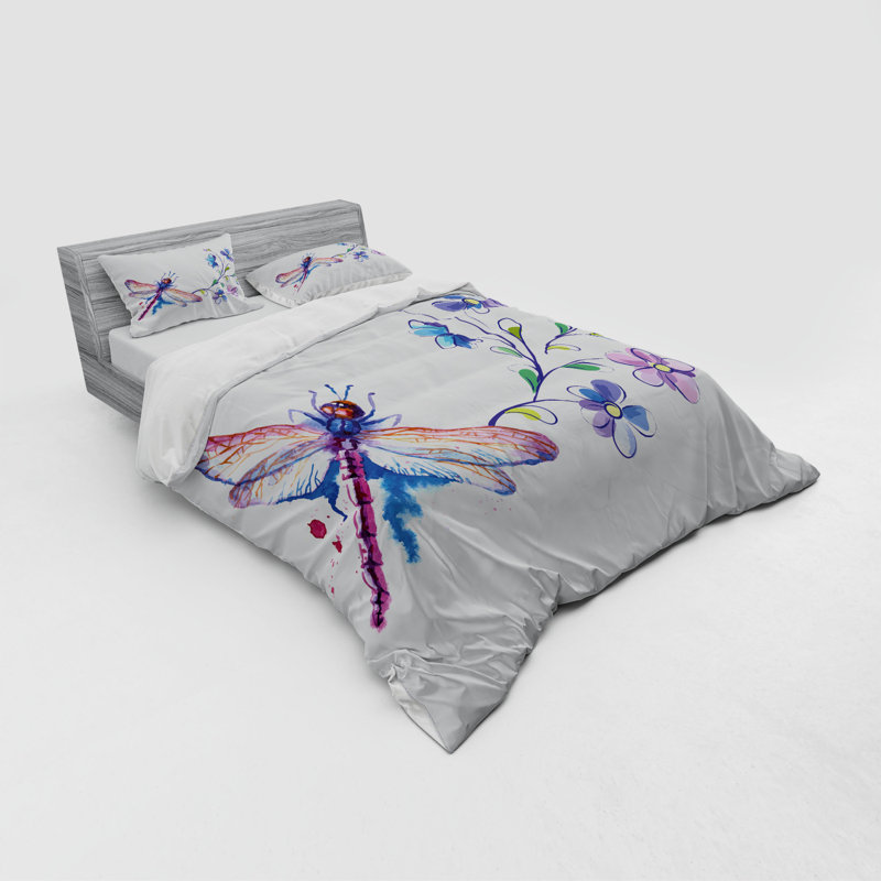Ensemble de housse de couette libellule en microfibre bleu campagnard, Housse de couette grand + 3 pièces supplémentair