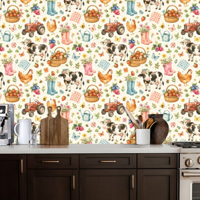 Papier peint pelez et collez, poulailler, vaches, fraises, détails floraux, papier de contact de style aquarelle, adhésif mural amovible, décoration murale pour armoires de cuisine de chambre à coucher, 24 po x 118 po