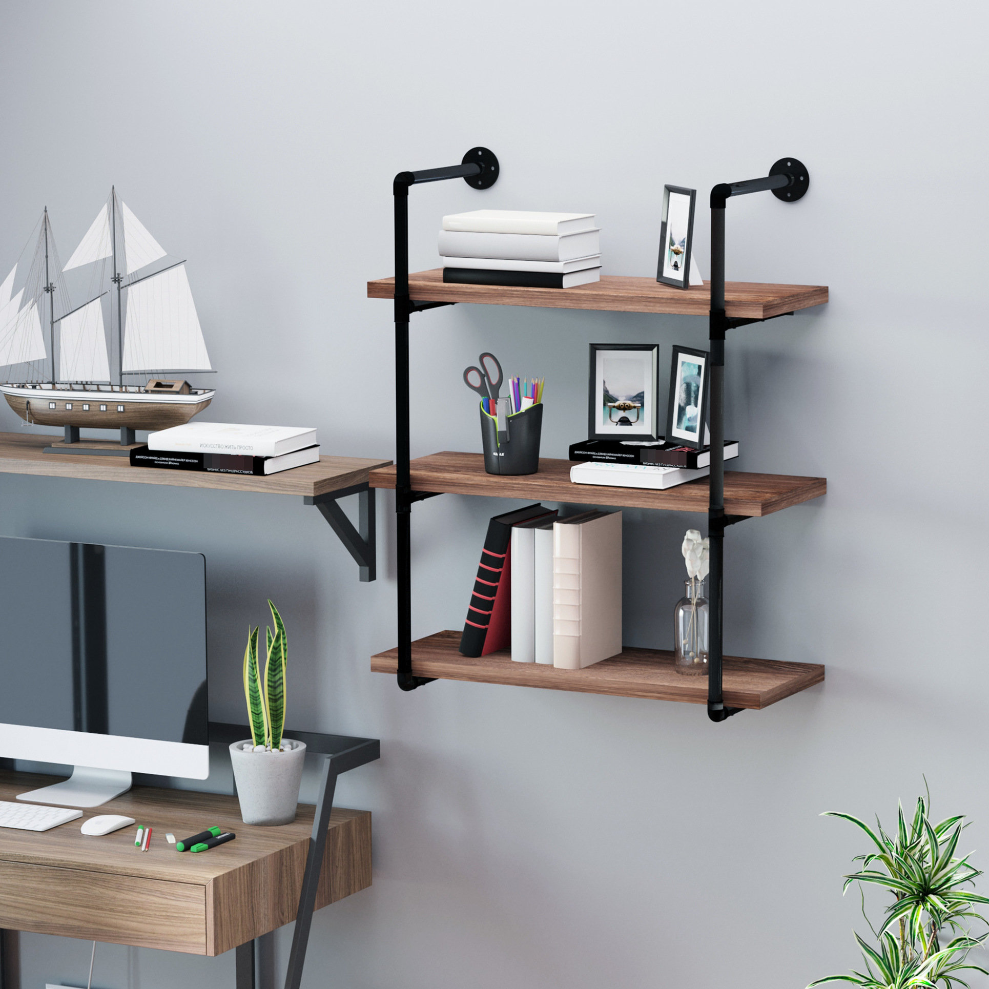 LavishLodge Rustic Brown 3 Industrial Pipe Shelves, Wall Mounted ...