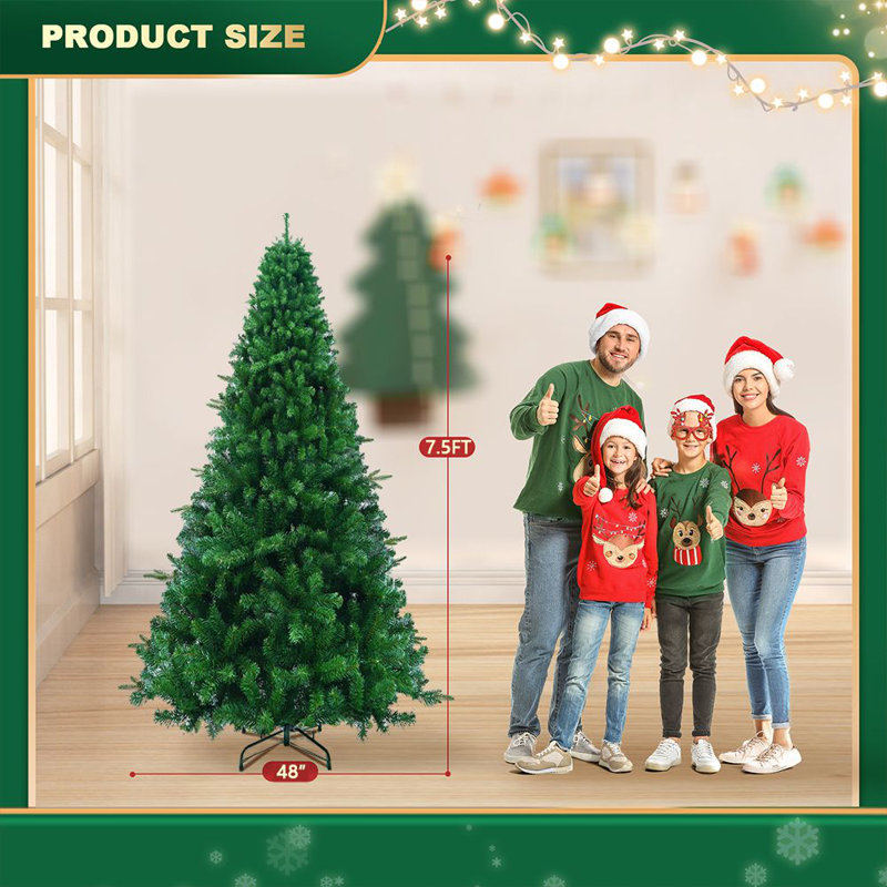 Arbre de Noël artificiel 7,5 pi, arbre de Noël avec 1200 pointes, support en métal et branches articulées, H 7,5 pi
