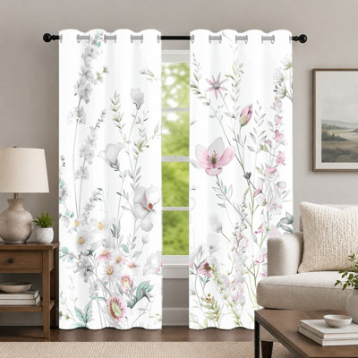 2Pcs White Floral Curtains, Watercolor Style Curtain, Elegant Botanical Print Grommet Drapes, Window Treatment for Bedroom Living Room Decor