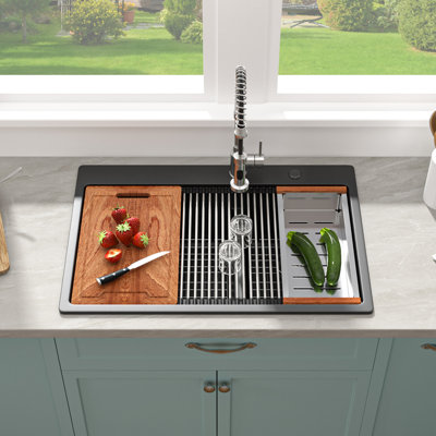 33" L x 22" W Granite Composite Kitchen Sink 60/40 Double Bowls Quartz Drop-In Kitchen Sink Workstation with Accessories