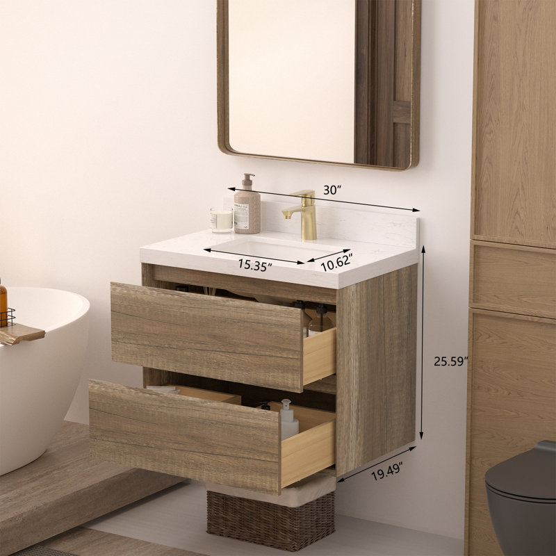 Meuble-lavabo flottant avec lavabo Tiberiu, Chêne antique, 30"